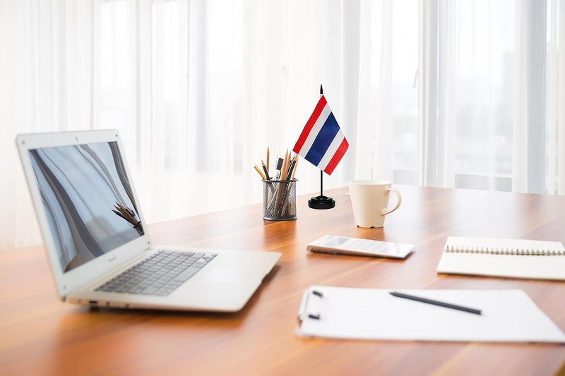 tibijoy USA American & Thailand Thai Desk Flags, US Thailand Small Mini Table Office Flag, Miniature Thai and US Desktop Flag With 13" Solid Black Pole, Black Base - Image 4